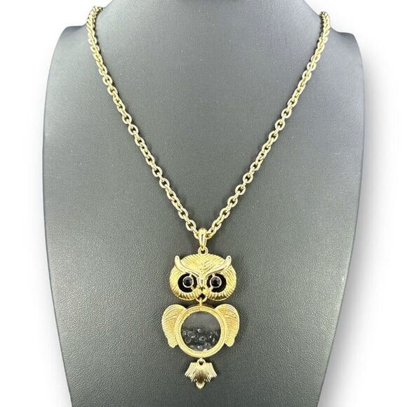 Owl Articulated Pendant Long Gold Plated Chain Necklace with 25-28" Black Bead - Picture 1 of 5